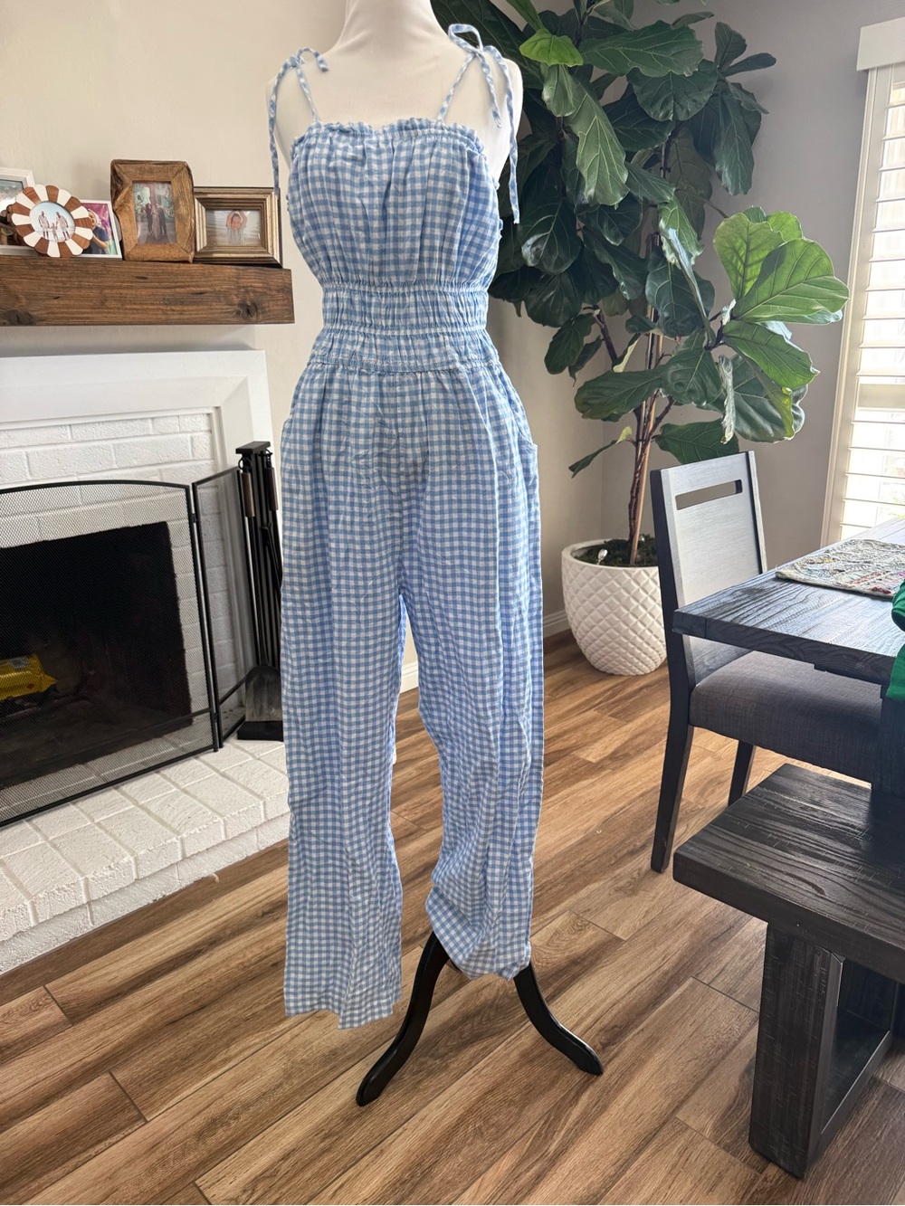 Sincerly Jules Light Blue Gingham Smocked Jumpsuit with Tie Straps
